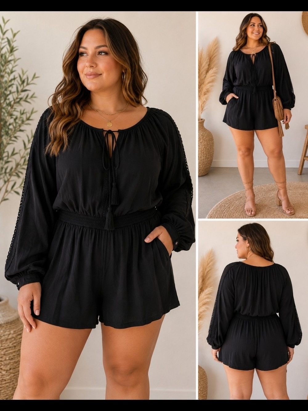 H&M Black Long Sleeve Boho Romper Women's Size 6